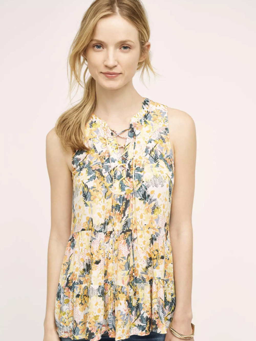 Floreat by Anthropologie Yellow Floral Anafa Tiered Tank - Size - 8